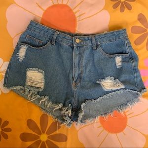 High Rise Distressed Denim Shorts